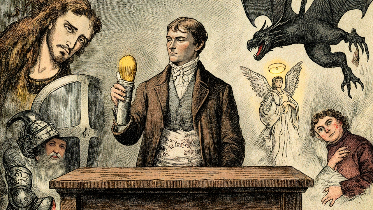 A dermatologist holding Adaferin Gel as symbolic acne treatments bow to it in a vintage apothecary setting.