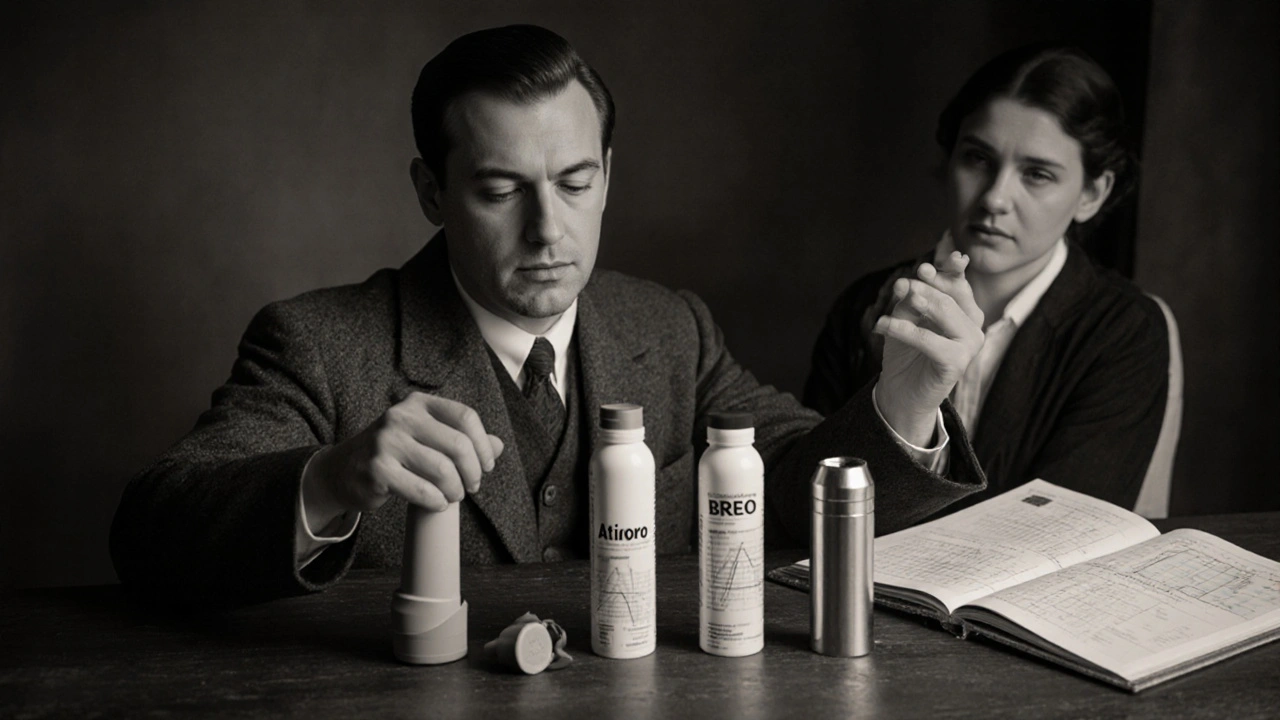 A doctor showing three modern inhalers to a patient beside an old Combivent canister.