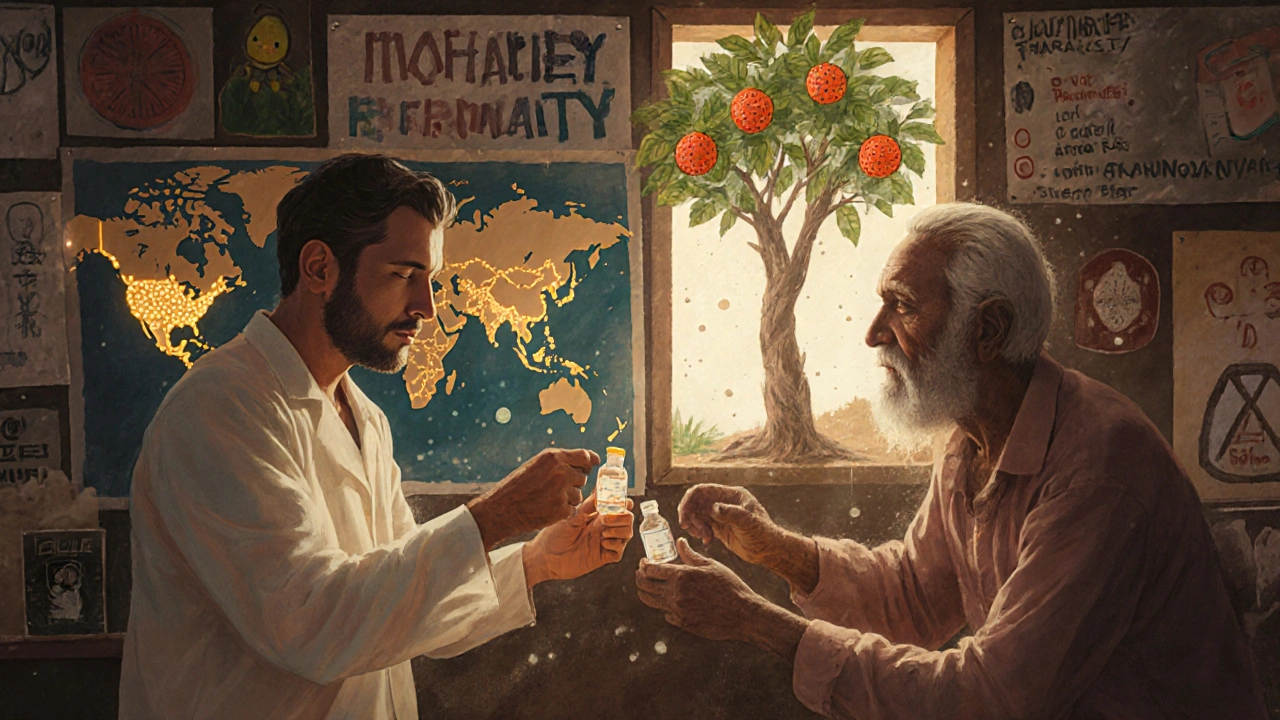 A pharmacist hands atazanavir to an elderly patient in a village pharmacy, surrounded by global health symbols.