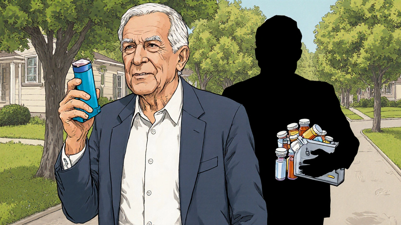 An elderly man walking confidently with two inhalers, leaving behind a bulky nebulizer in shadow.