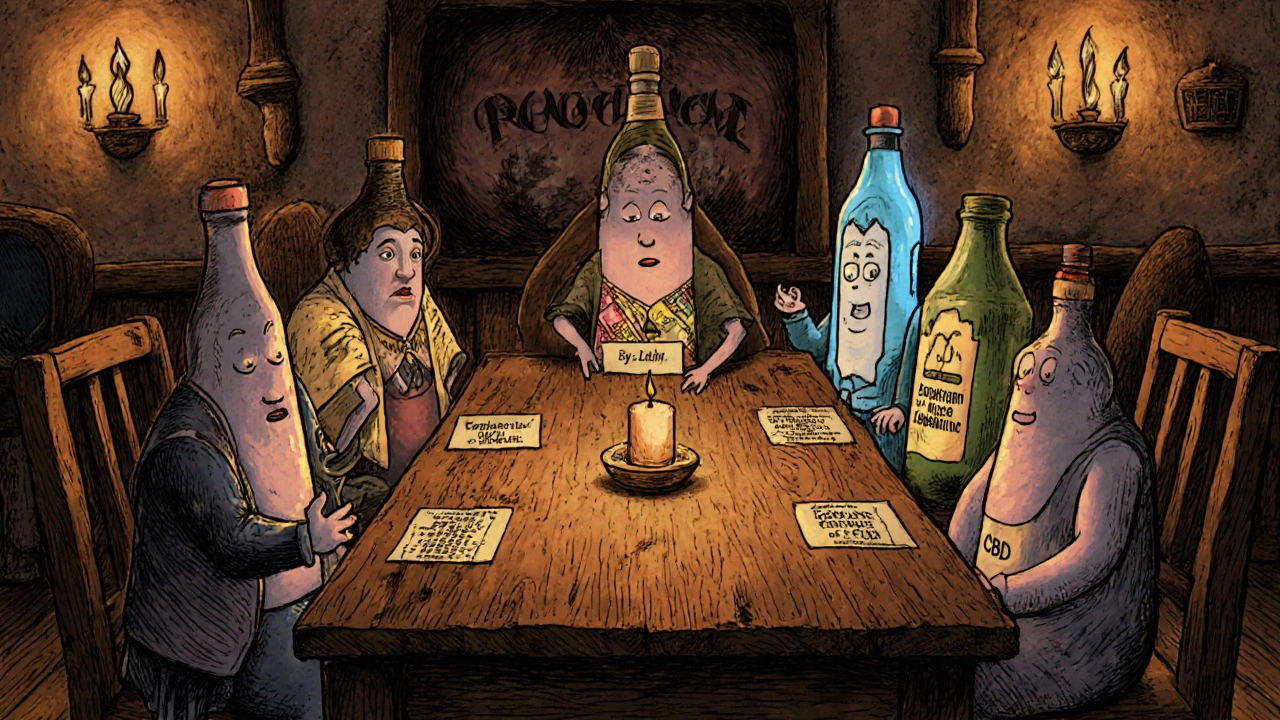 Anthropomorphic pills gathered around a wooden table, each representing a different therapy.