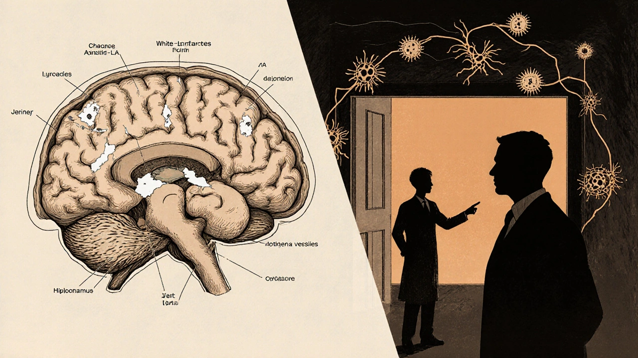 Brain illustration showing white‑matter lesions, micro‑infarcts, and amyloid plaques linking TIA to dementia.