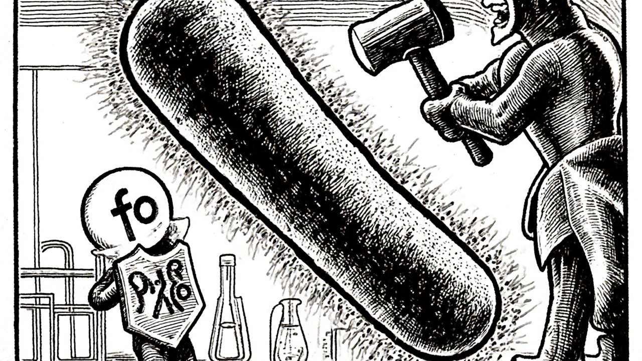 Cartoon bacteria being attacked by two antibiotic figures, one representing fosfomycin, the other a beta‑lactam.