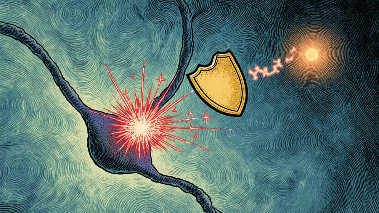 Cartoon neuron showing vinpocetine shields neutralizing free radicals.