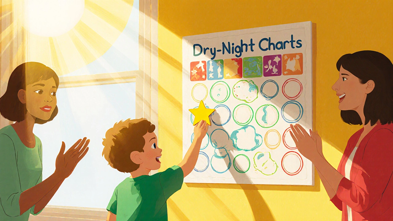 Child adding a sticker to a reward chart after a dry night, parents celebrating.