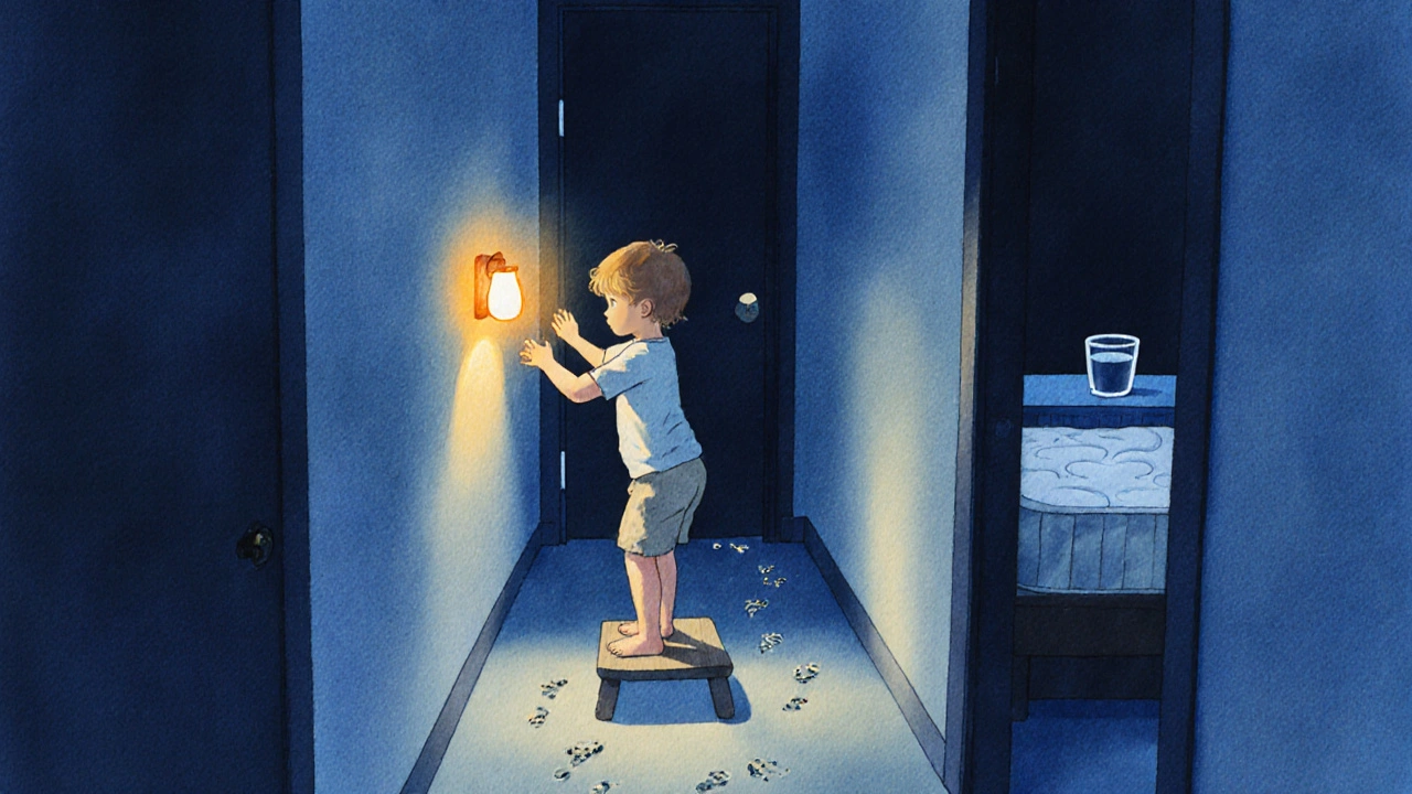 Child using bathroom at night with a nightlight and protective bedding visible.