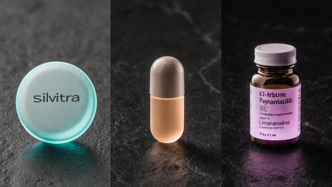 Collage of Silvitra, tadalafil, avanafil pills and supplement bottles in grayscale.