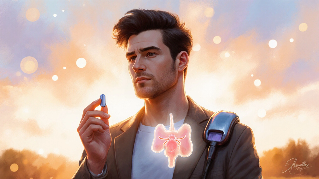 Confident man with full hair, glowing prostate overlay, sunrise background.