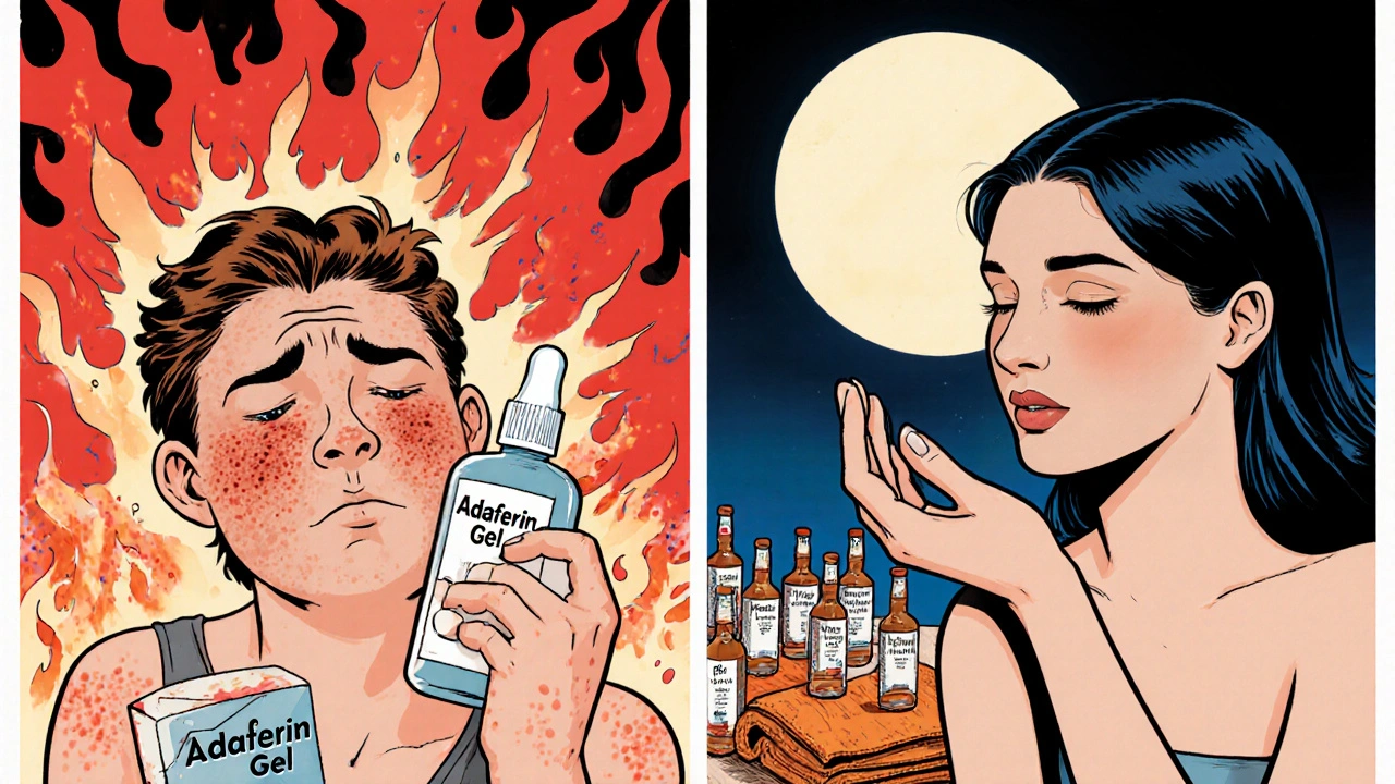 Contrasting scenes: one person with irritated skin from tretinoin, another calm with Adaferin Gel under moonlight.