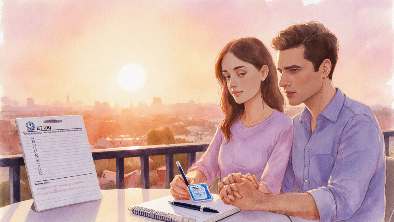 Couple on balcony with Duratia pack and IELT log, sunrise lighting.