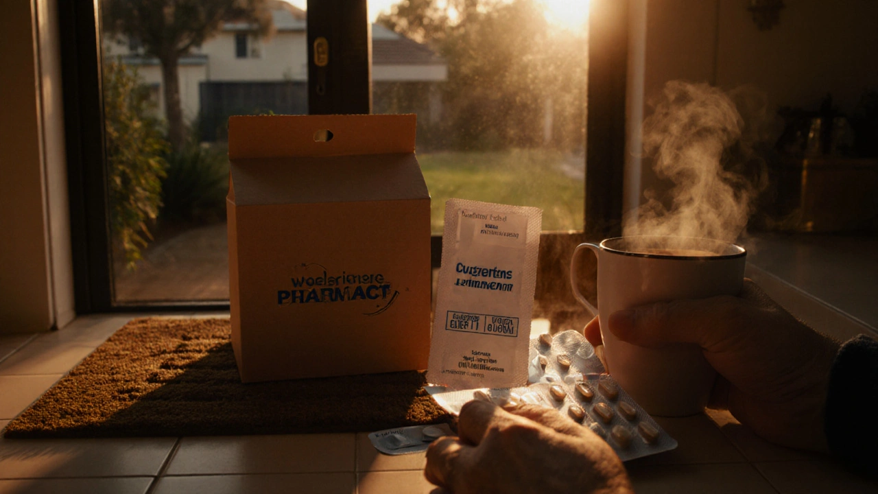 Delivery package on doorstep, person checking generic venlafaxine tablets at home.