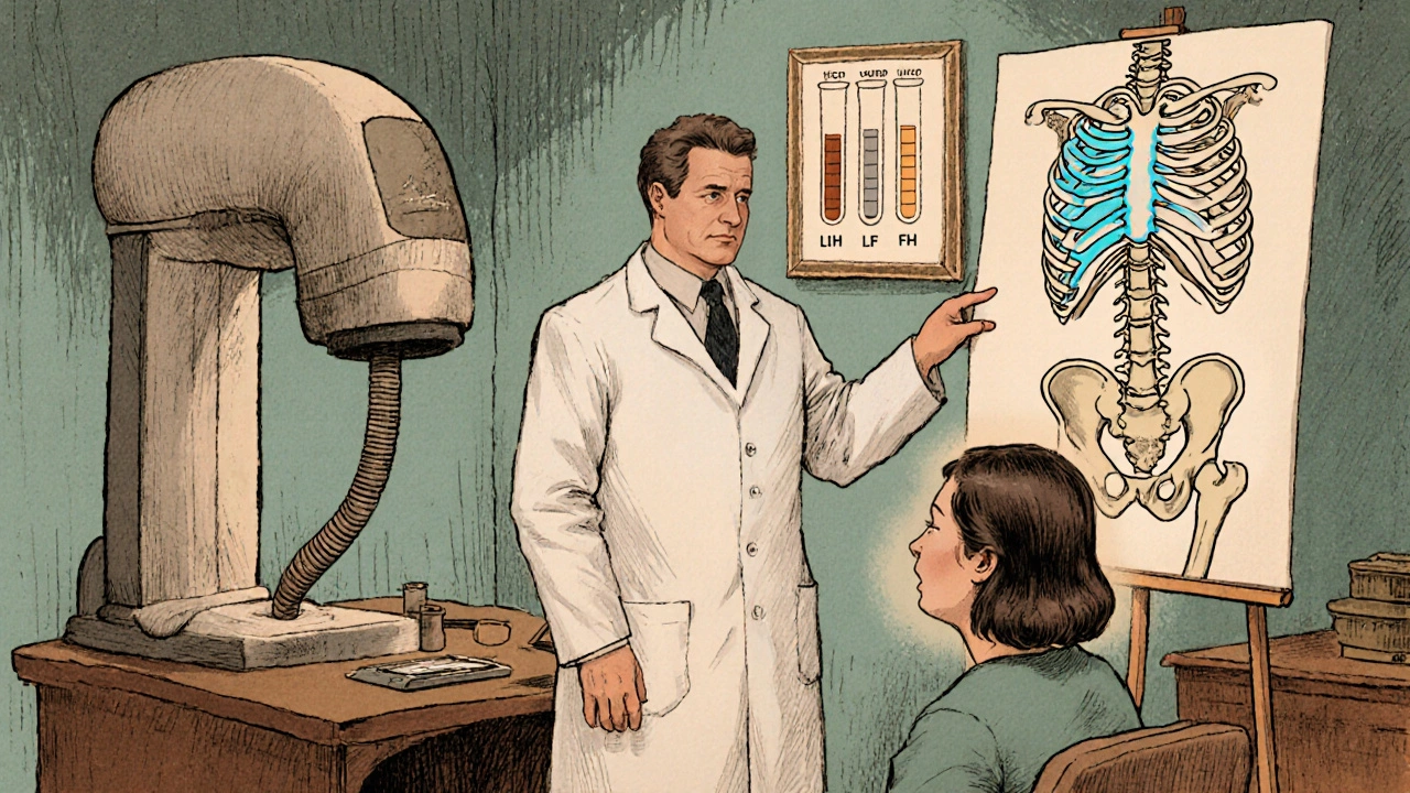 Doctor shows DXA scan and hormone tests to a patient with low bone density.