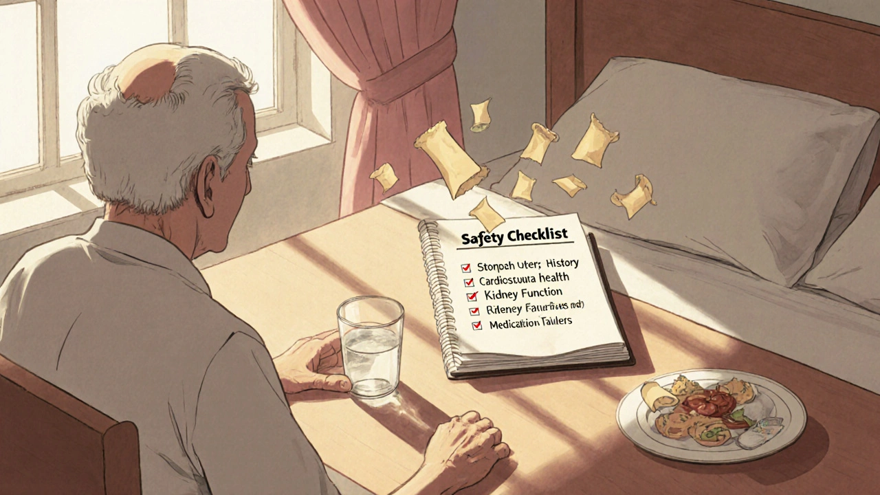 Elderly patient checks a safety checklist beside a Naprosyn tablet, water, and food.