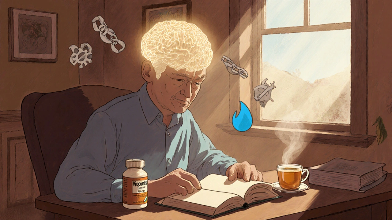 Elderly person with vinpocetine bottle and glowing brain indicating antioxidant benefits.