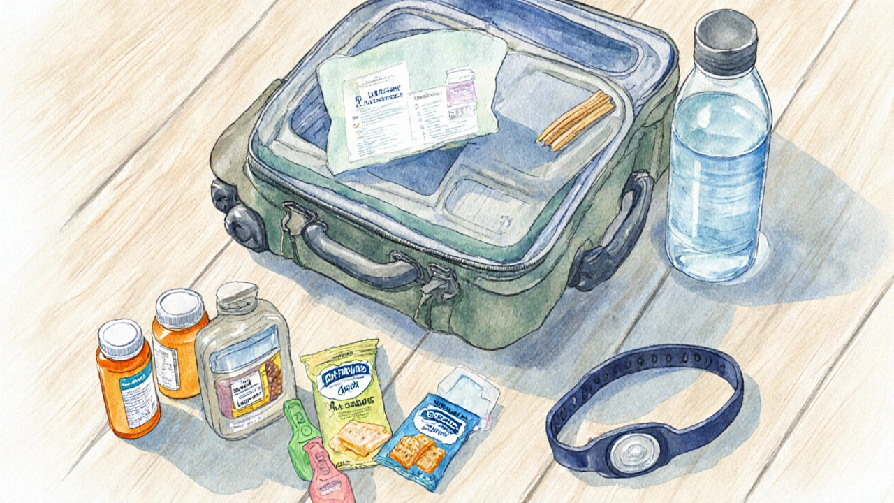 Flat‑lay of suitcase contents: medication, cooler, snacks, water bottle, and alert bracelet.