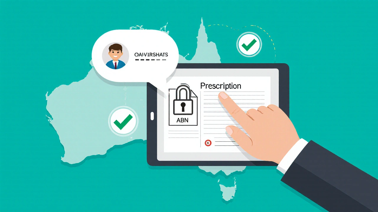 Hand holding a digital prescription over a secure padlock icon with Australian map background.