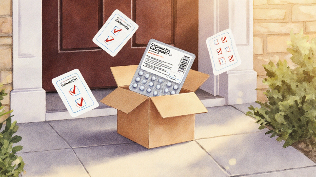 Hand opening a delivery box revealing a blister pack of tablets and checklist symbols.