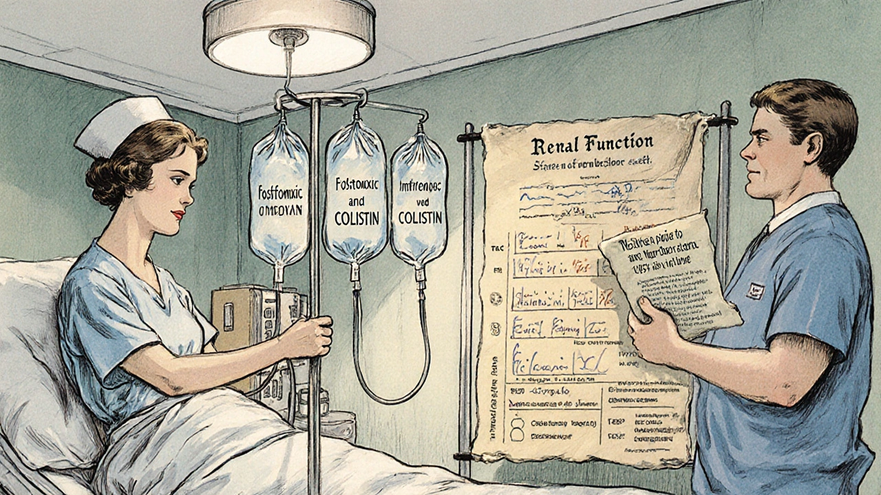 Hospital ICU scene showing patient receiving IV fosfomycin and colistin, with clinician monitoring.