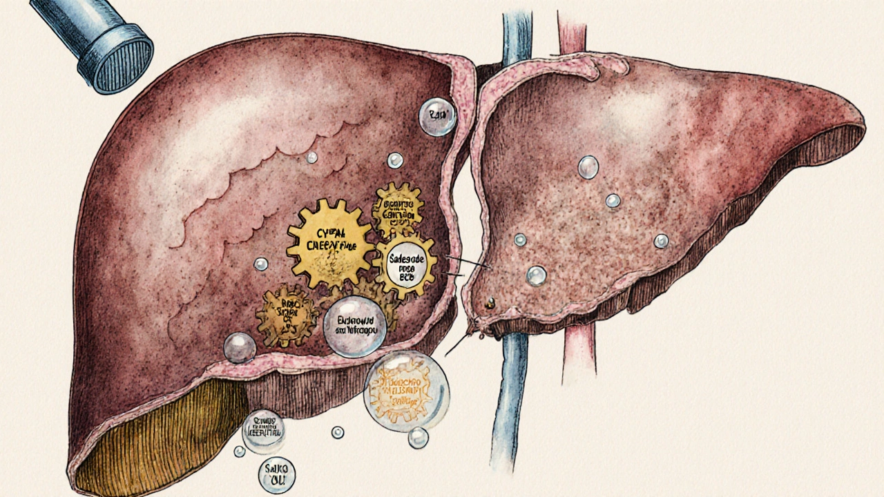 Illustrated liver cross‑section showing enzymes and alcohol and inhaler molecules competing.