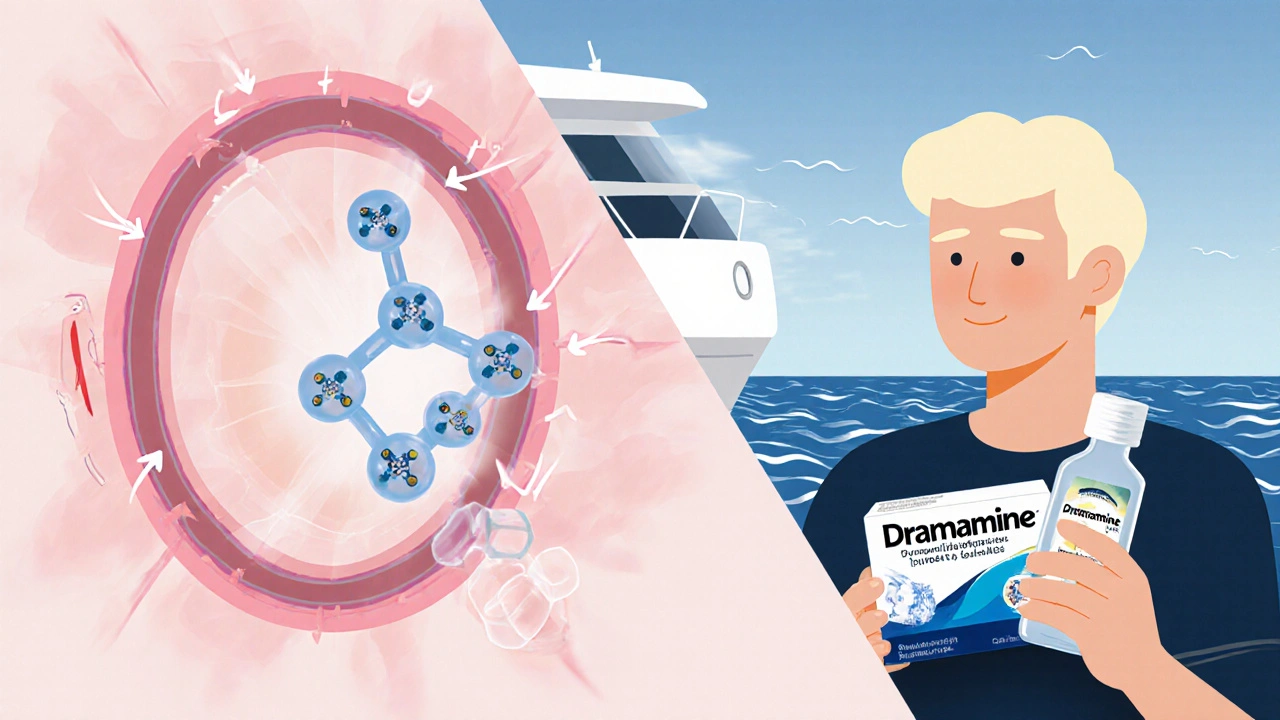 Illustration of vestibular system being calmed by dimenhydrinate while a traveler on a ship feels steady.