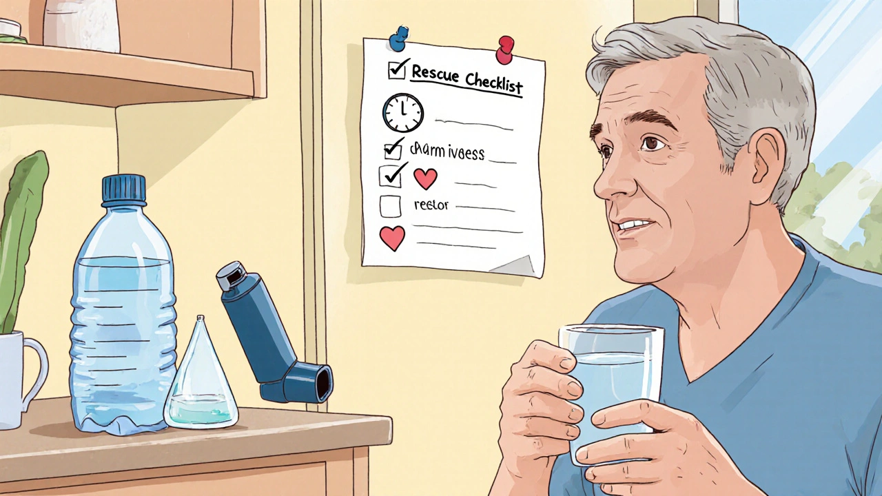 Kitchen counter with checklist, water bottle, and inhalers, showing safe usage steps.