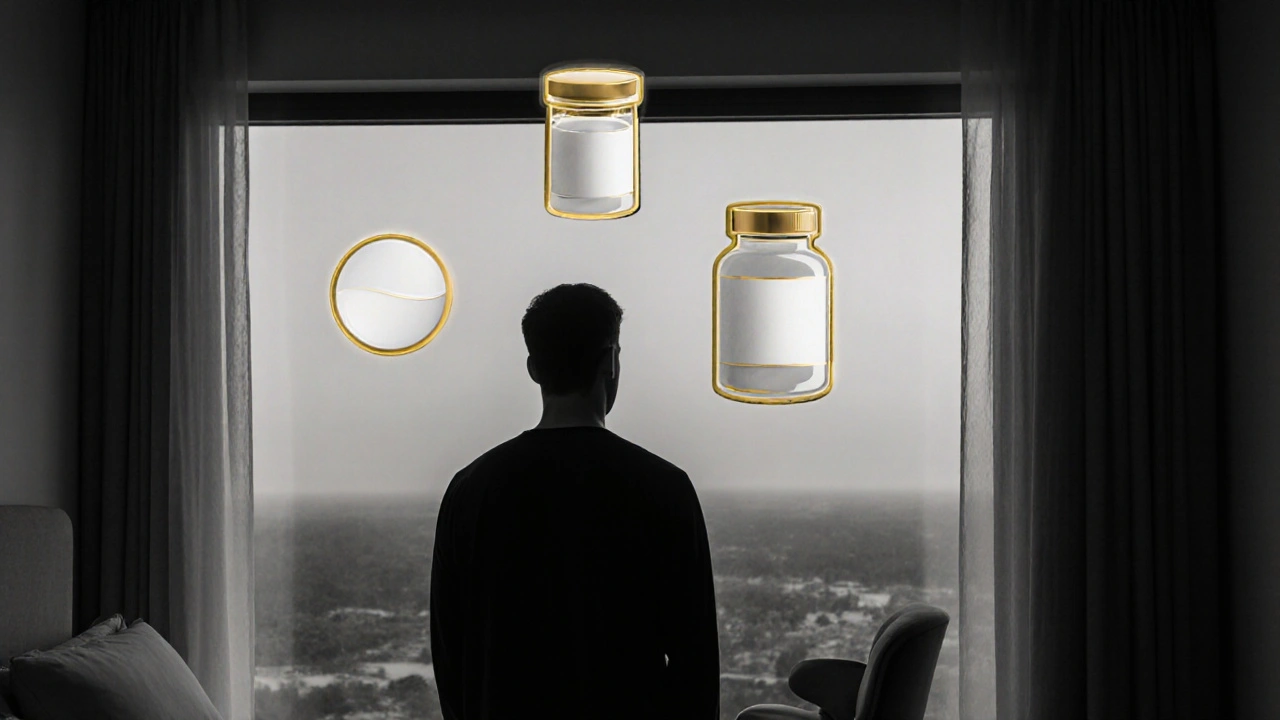Man in bedroom reflecting on pill, supplement, and therapy options with gold outlines.