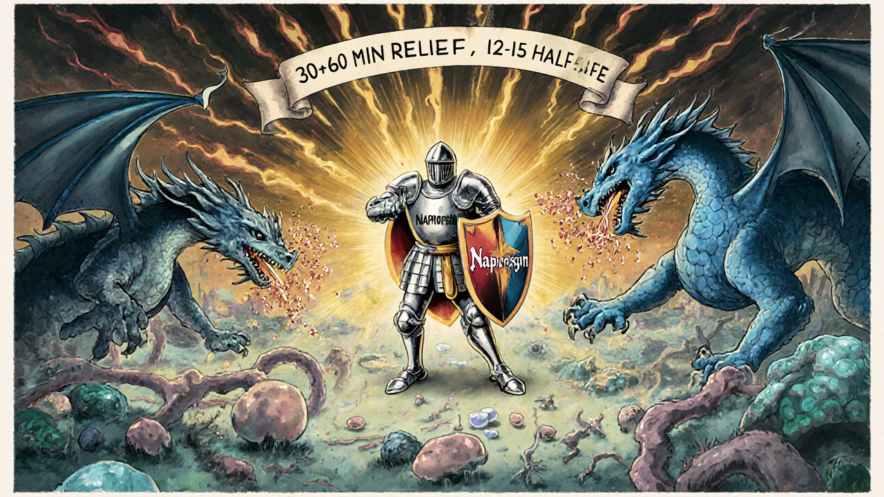Naprosyn knight blocks COX enzyme dragons spewing prostaglandin arrows in a cellular battlefield.