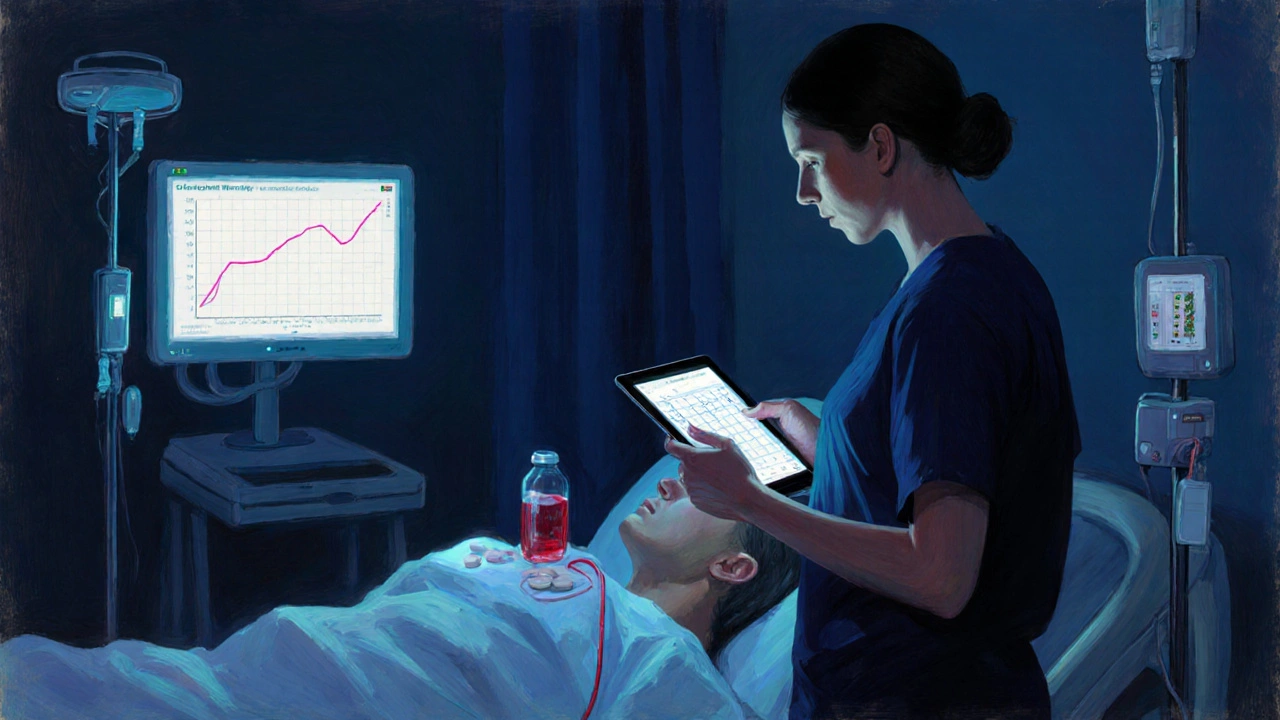 Oil‑painted hospital ward with doctor, patient, IV, and monitor displaying blood‑count data.