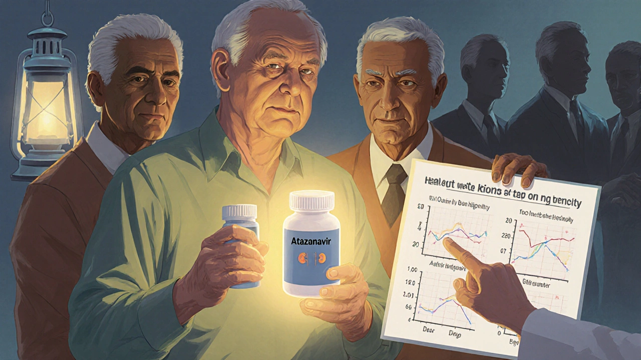 Older adults in a clinic receive atazanavir, with stable health graphs illuminated by soft light.