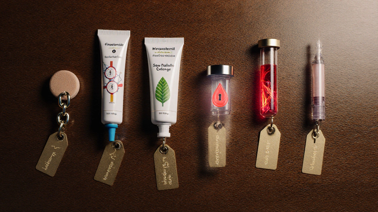 Overhead view of six hair/BPH treatments with symbolic visual cues.