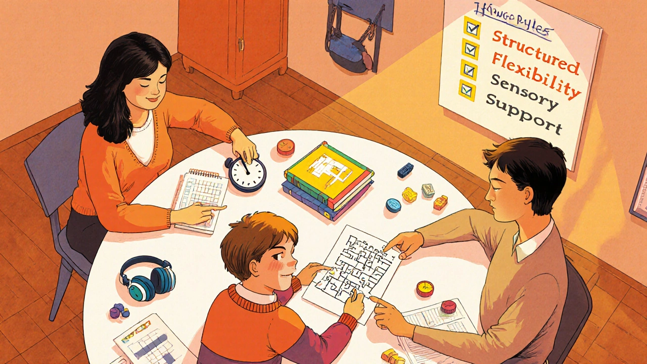Parent, teacher, and child planning strategies with visual planners and sensory tools.