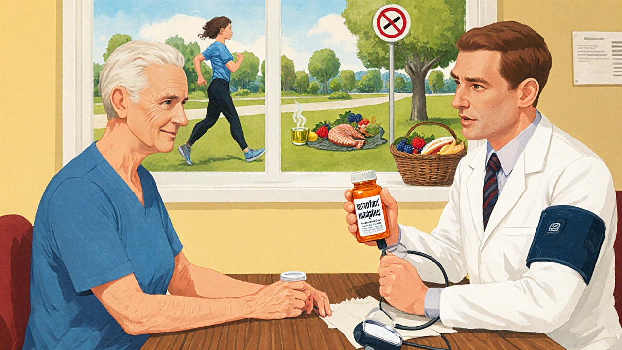 Patient and doctor discussing medication, blood pressure, exercise, and healthy diet to prevent dementia after TIA.