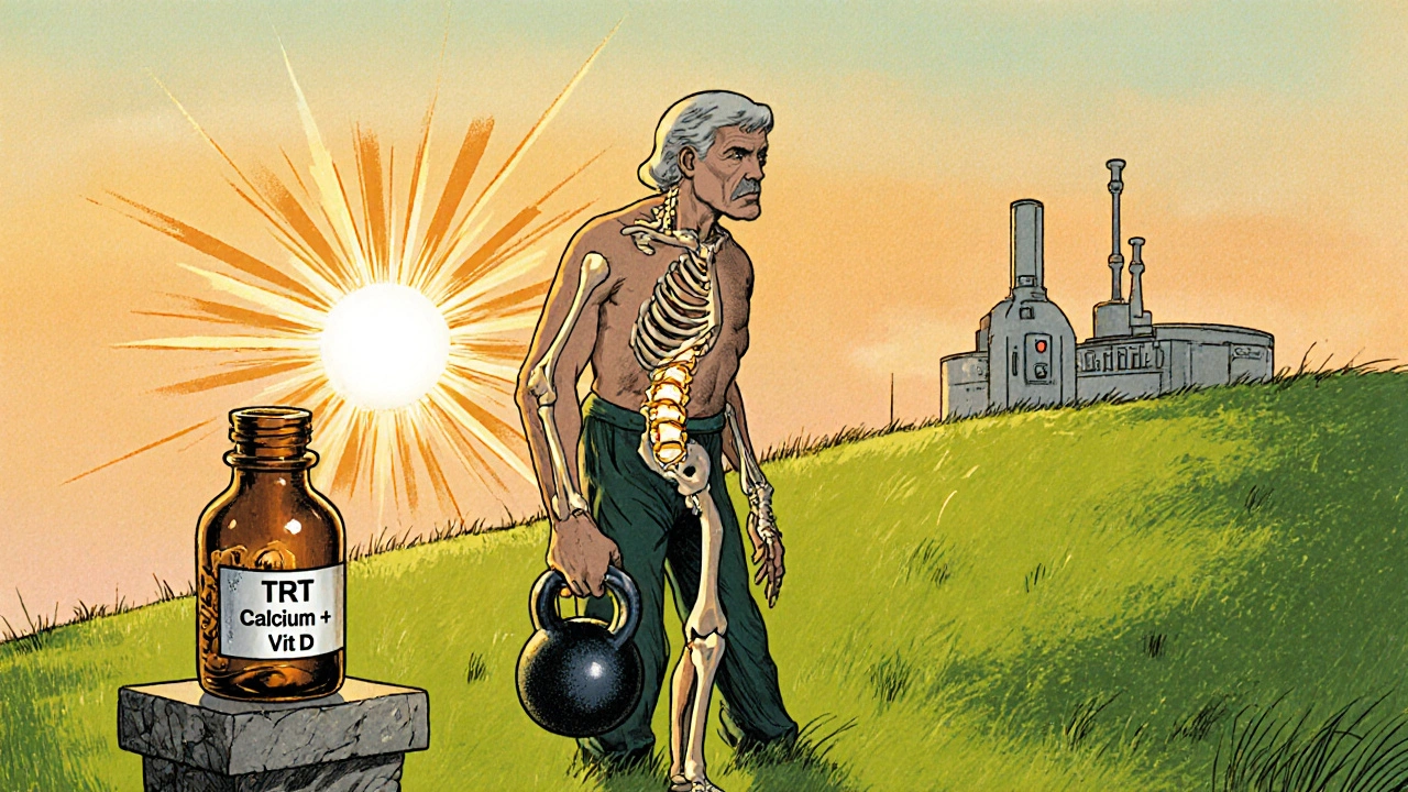 Person exercises on a hillside with strong bones, surrounded by supplements.