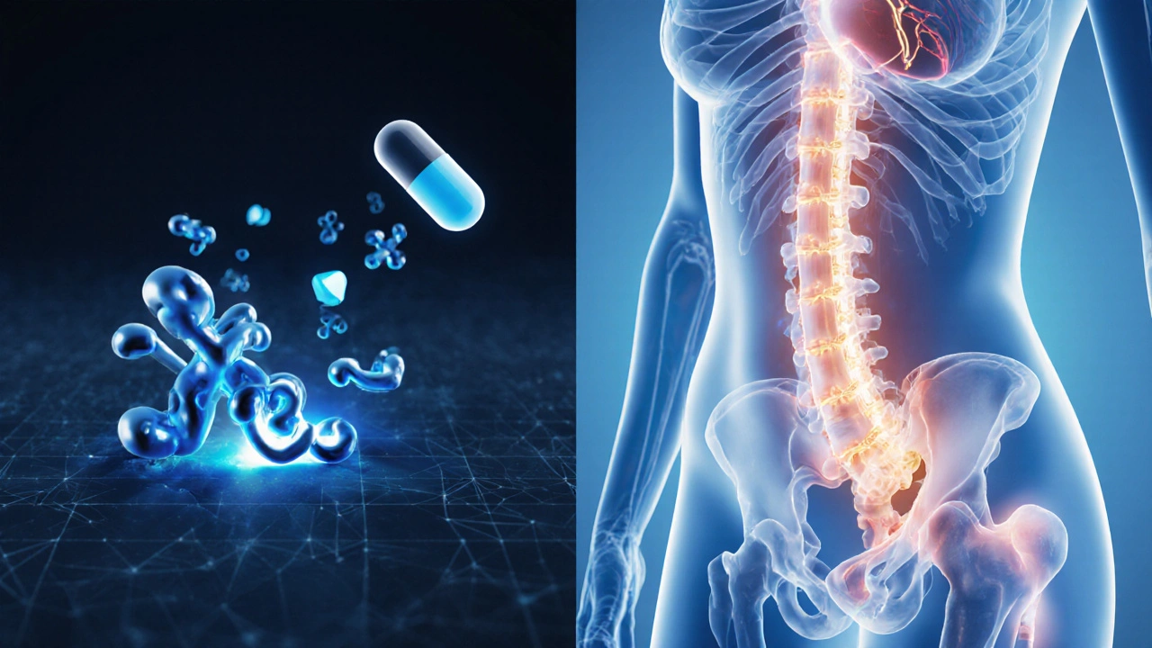 Split illustration showing aromatase block and bodily side‑effects.