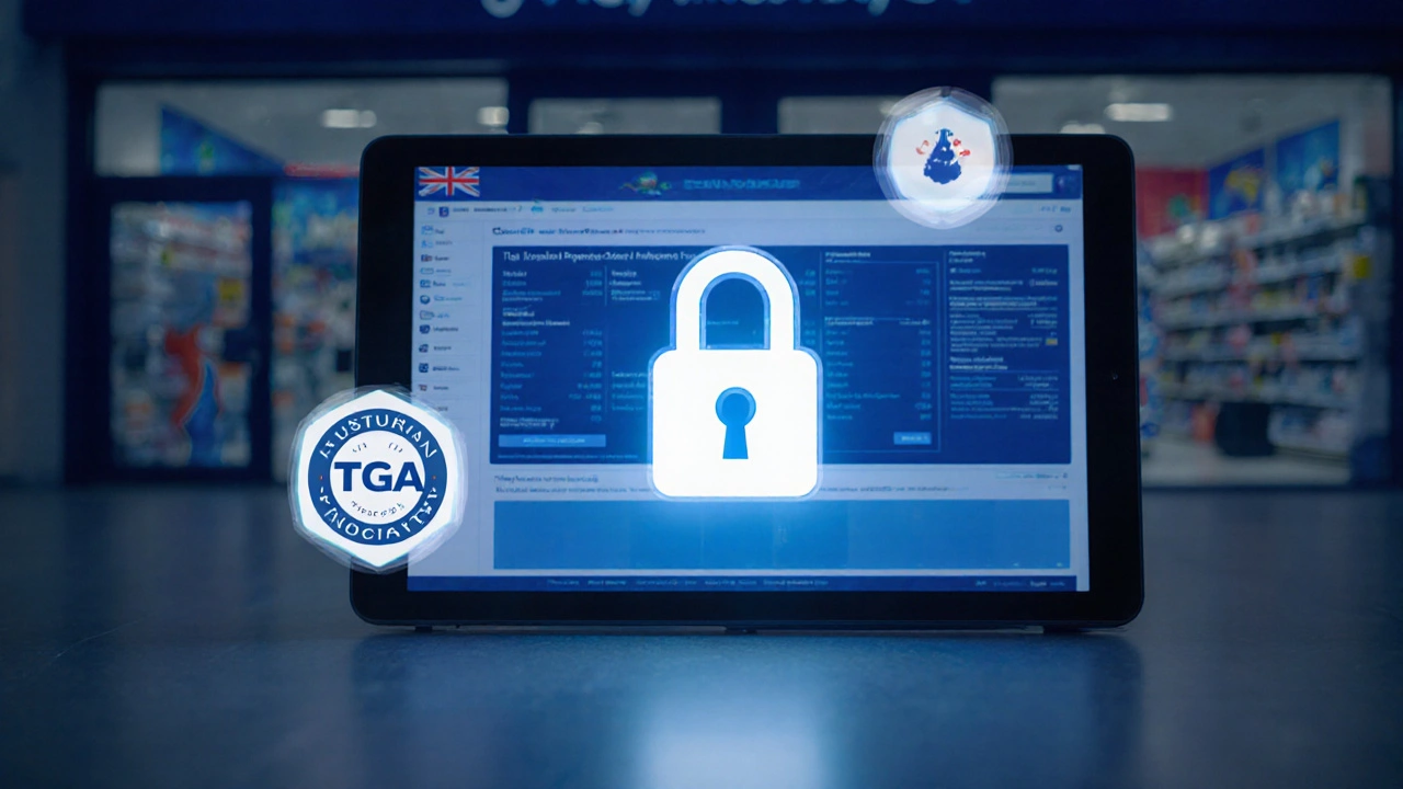 Tablet screen showing a secure pharmacy interface with trust icons.