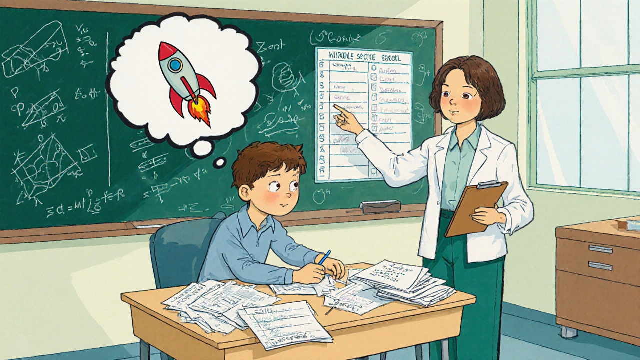 Teacher observing a twice‑exceptional student with mixed unfinished work and imagination bubble.