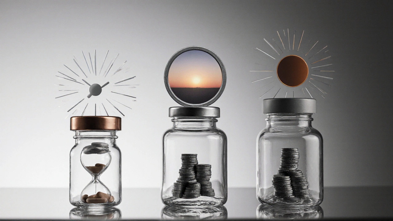 Three pill bottles with hourglass, sunrise‑sunset, and coins icons for comparison.