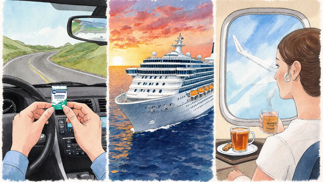 Three travel scenes—car, cruise ship, airplane—each showing a different motion‑sickness remedy.