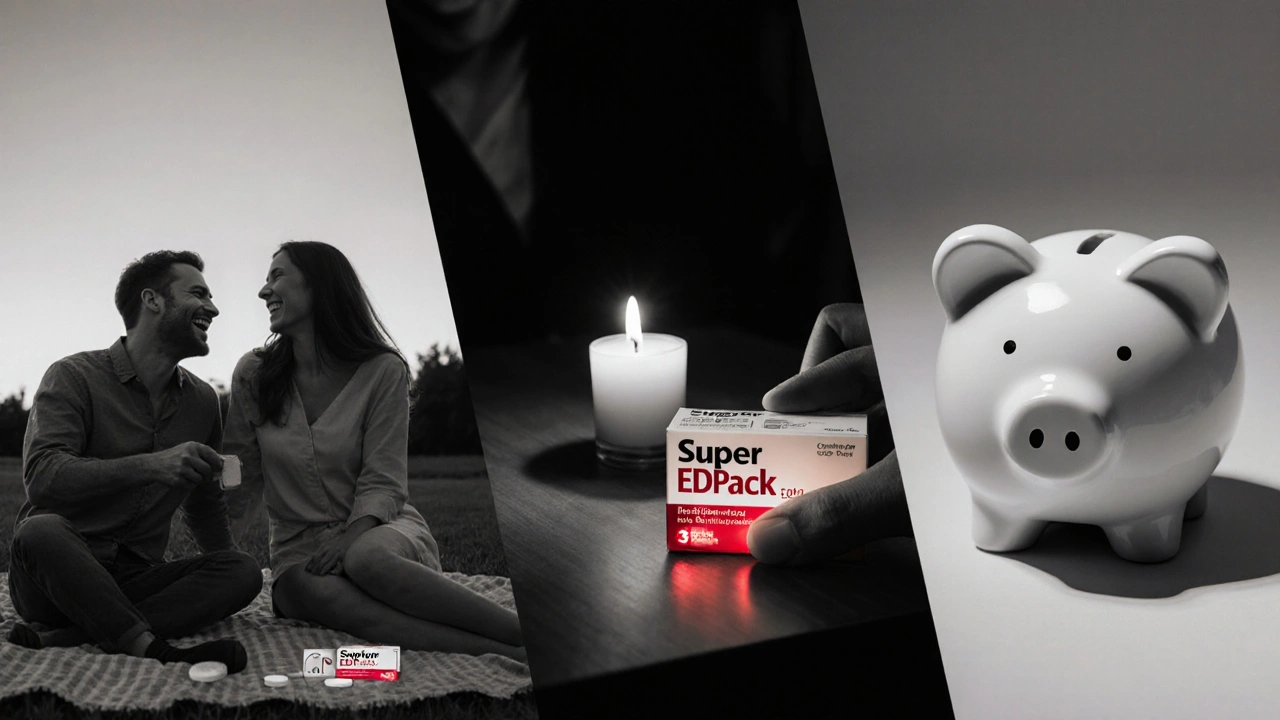 Three vignettes: outdoor couple, restaurant table with pack box, and piggy bank.