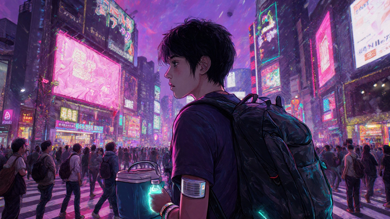 Traveler in Shibuya crossing holding medication cooler, showing relief after a restroom break.
