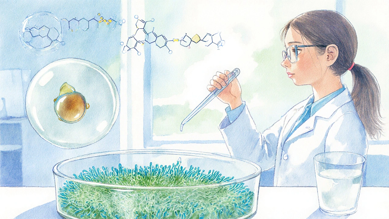 Watercolor lab scene showing Streptomyces colony, scientist, and chloramphenicol bound to a ribosome.