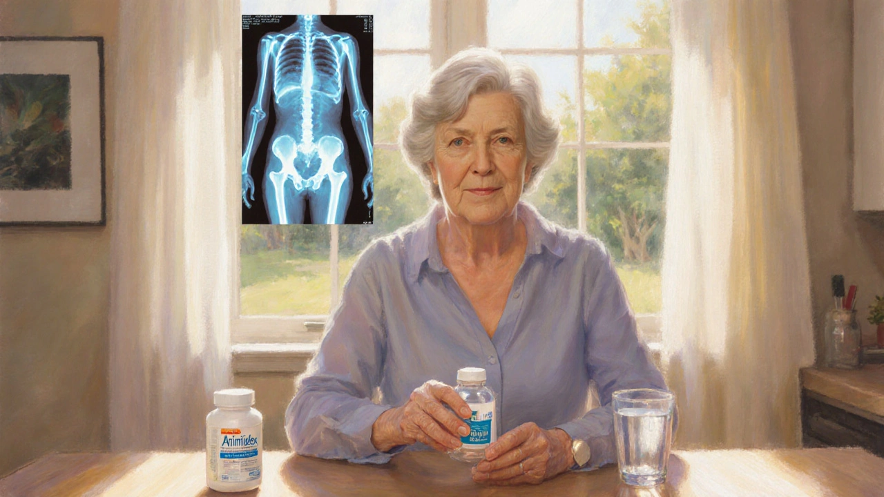 Woman at table with Arimidex bottle, calcium pills, and DEXA scan.