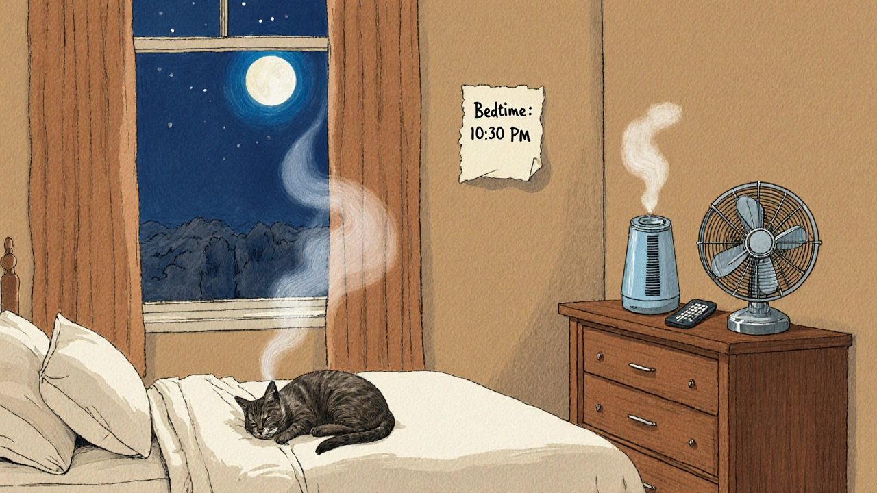 A calm bedroom with a humidifier, fan, and bedtime note, bathed in warm, soft lighting.