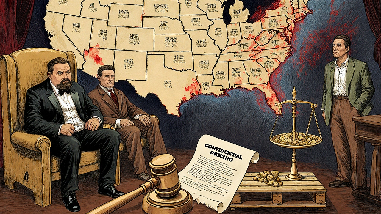 A courtroom with wholesalers on thrones made of pallets, a pill-shaped gavel striking a secret contract, patients as defendants.