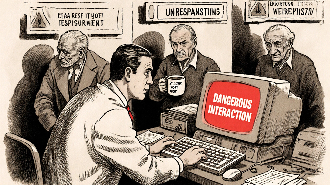 A doctor sees a red alert about drug interaction while three vulnerable patients receive the dangerous combo.