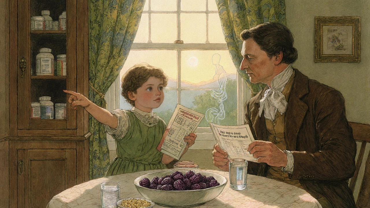 A family at breakfast with prunes and water, looking away from locked laxatives.