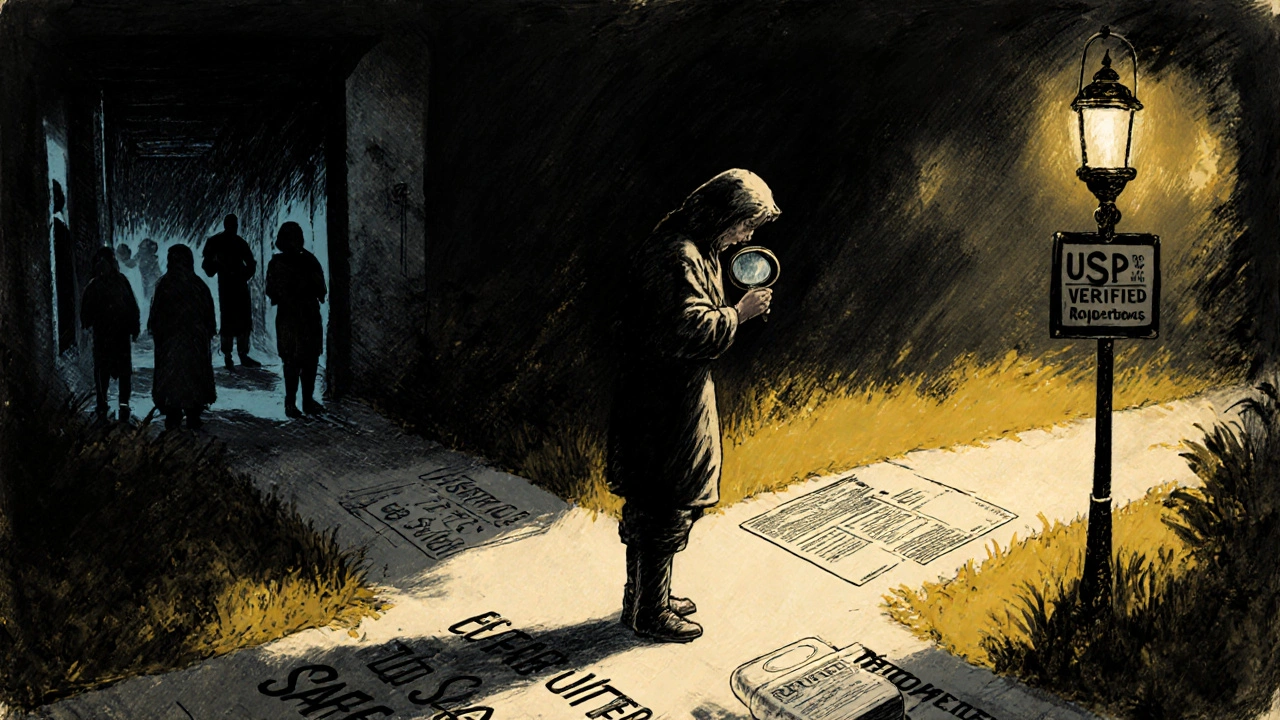 A figure stands at a crossroads, one path leading to a hospital, the other to a lantern labeled &#039;USP Verified&#039;.