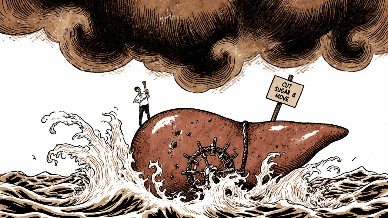 A liver shaped like a ship battered by triglyceride waves, with insulin ropes breaking and a figure steering toward health.