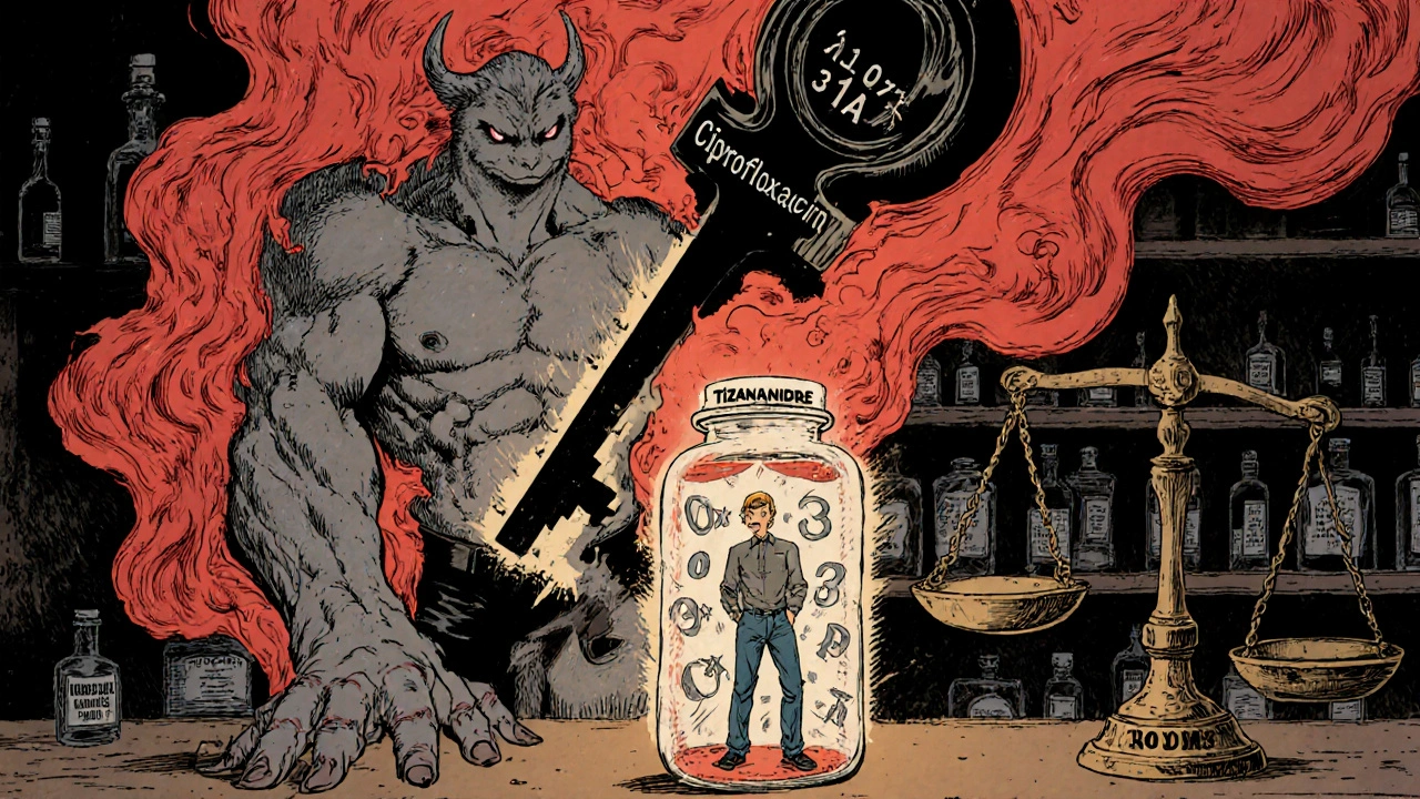 A menacing smoke figure blocks a liver enzyme as tizanidine builds up dangerously inside a glass bottle.