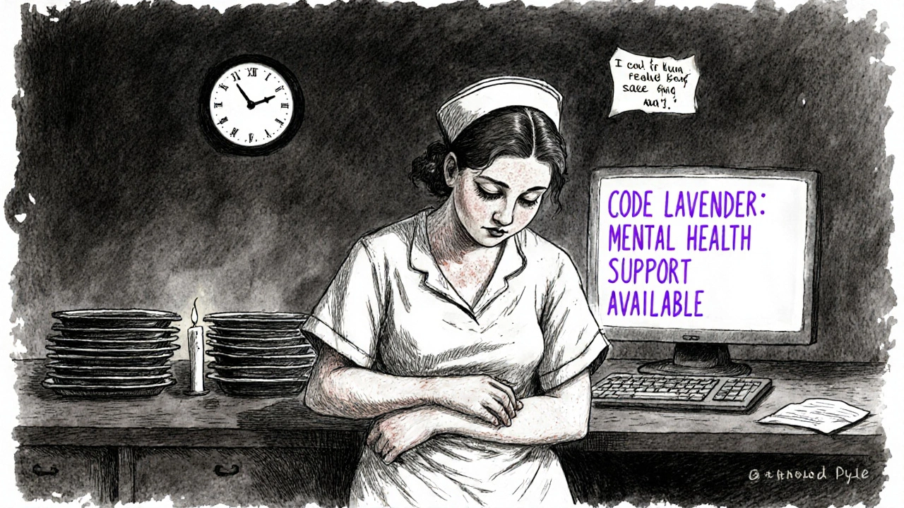 A nurse weeps in a hospital break room at 3 a.m., surrounded by untouched meal trays and a mental health notice.